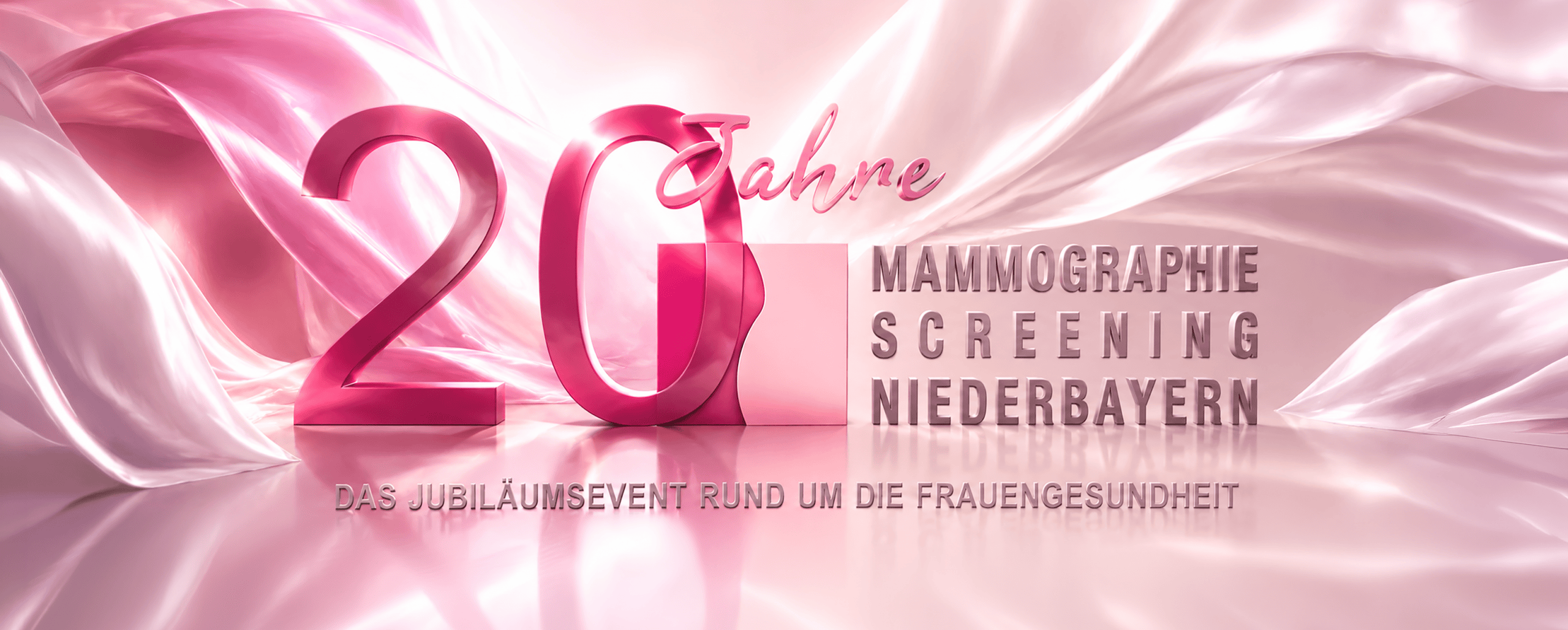 Rosa-silberne Grafik zum 20-jährigen Jubiläum des Mammographie-Screenings in Niederbayern, mit Text zu einer Jubiläumsfeier für das zertifizierte Brustkrebsvorsorgeprogramm in Niederbayern, das Frauen zwischen 50 und 75 Jahren hochwertige Mammographie-Untersuchungen und Früherkennung bietet.